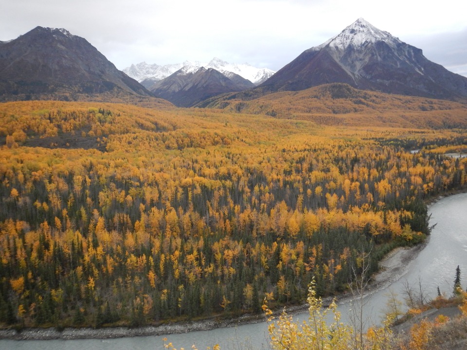 Matanuska River and Chugach Mountains from the Glenn Highway near Chickaloon, on the way to the glacier